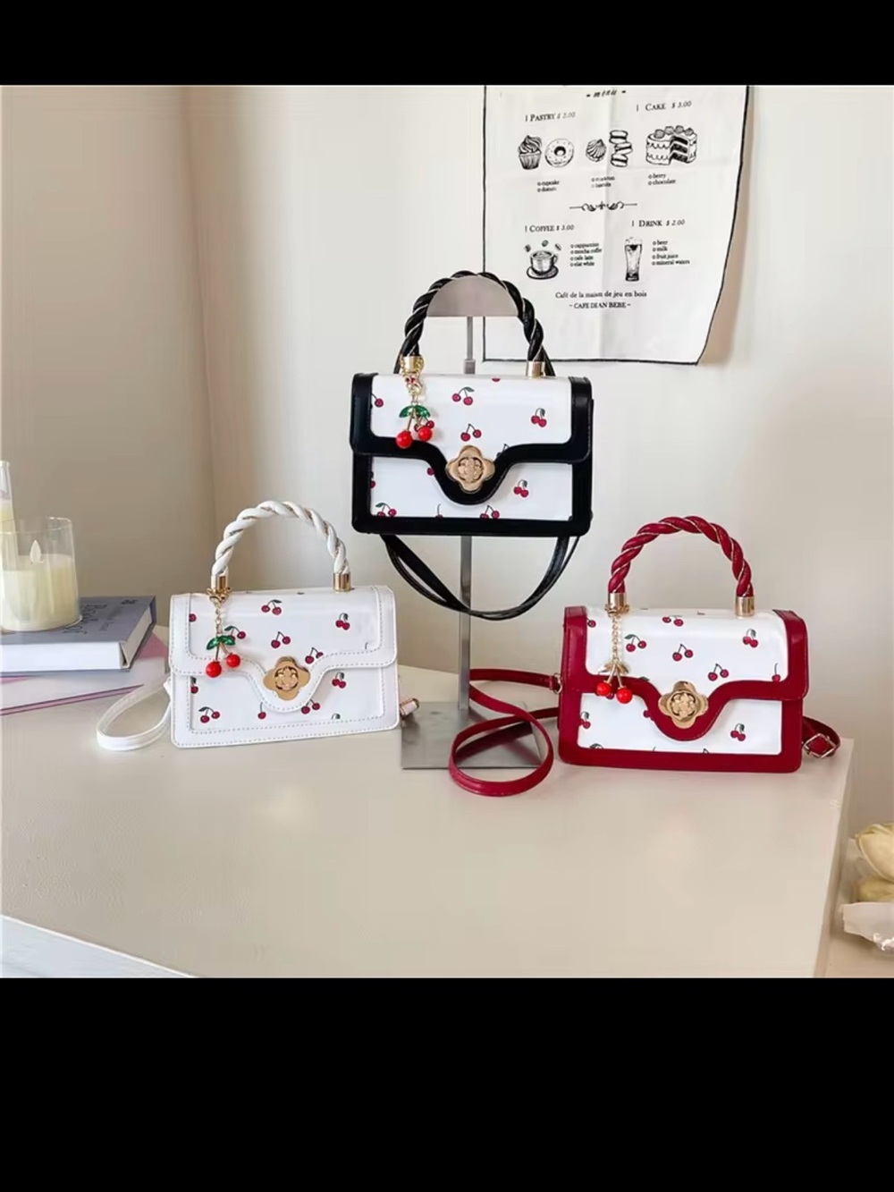 Cherry Print Top-Handle Crossbody Bag - White/Red/Black